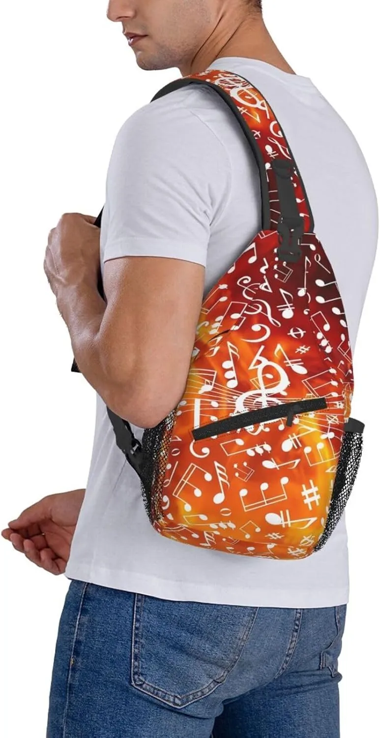 Music Note Golden Flames Crossbody Bag Cross Chest Bag Adjustable Sling Backpack Sports Gym Shoulder Bags Travel Cycling Daypack Diagonally Casual Rucksack