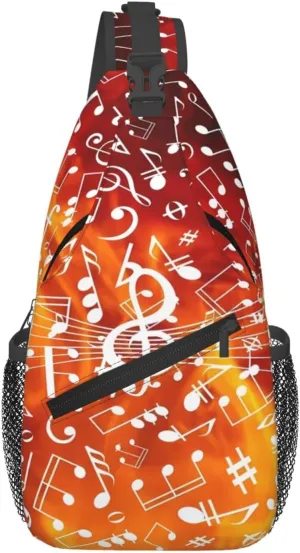 Music Note Golden Flames Crossbody Bag Cross Chest Bag Adjustable Sling Backpack Sports Gym Shoulder Bags Travel Cycling Daypack Diagonally Casual Rucksack