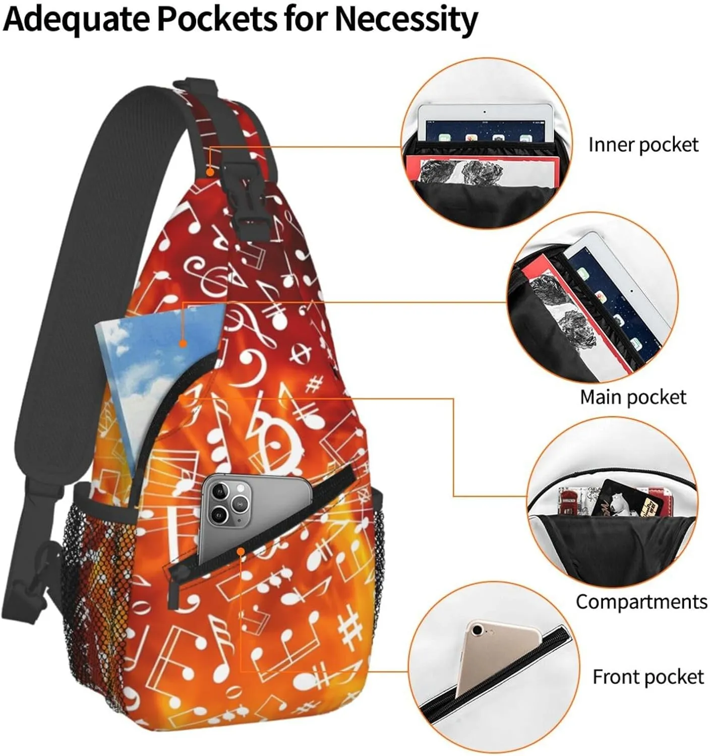 Music Note Golden Flames Crossbody Bag Cross Chest Bag Adjustable Sling Backpack Sports Gym Shoulder Bags Travel Cycling Daypack Diagonally Casual Rucksack