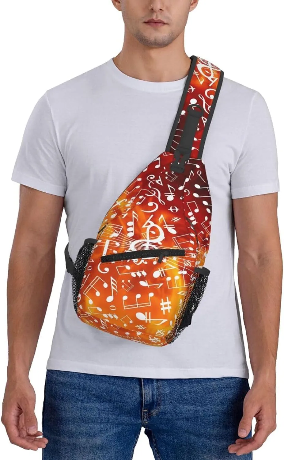 Music Note Golden Flames Crossbody Bag Cross Chest Bag Adjustable Sling Backpack Sports Gym Shoulder Bags Travel Cycling Daypack Diagonally Casual Rucksack