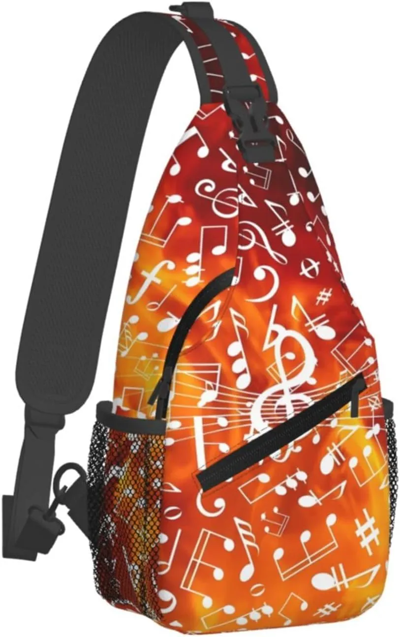 Music Note Golden Flames Crossbody Bag Cross Chest Bag Adjustable Sling Backpack Sports Gym Shoulder Bags Travel Cycling Daypack Diagonally Casual Rucksack