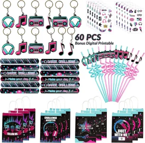 Music Party Favors Set Of 12 Treat Bag Straw Keychain Wristband Music Stickers for Boy Girl Teens Social Media Birthday Party Favors