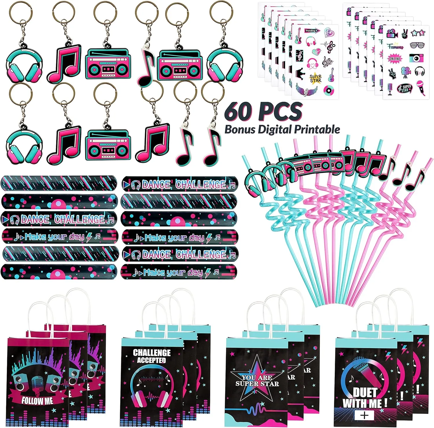 Music Party Favors Set Of 12 Treat Bag Straw Keychain Wristband Music Stickers for Boy Girl Teens Social Media Birthday Party Favors