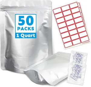 Mylar Bags 1Quart 50PCS 10"X7" for Food Storage with Oxygen Absorbers&Labels,10Mil Thick Resealable Zipper&Heat Seal Stand Up Pouches for Packaging Long Term,Dried Food,BPA Free