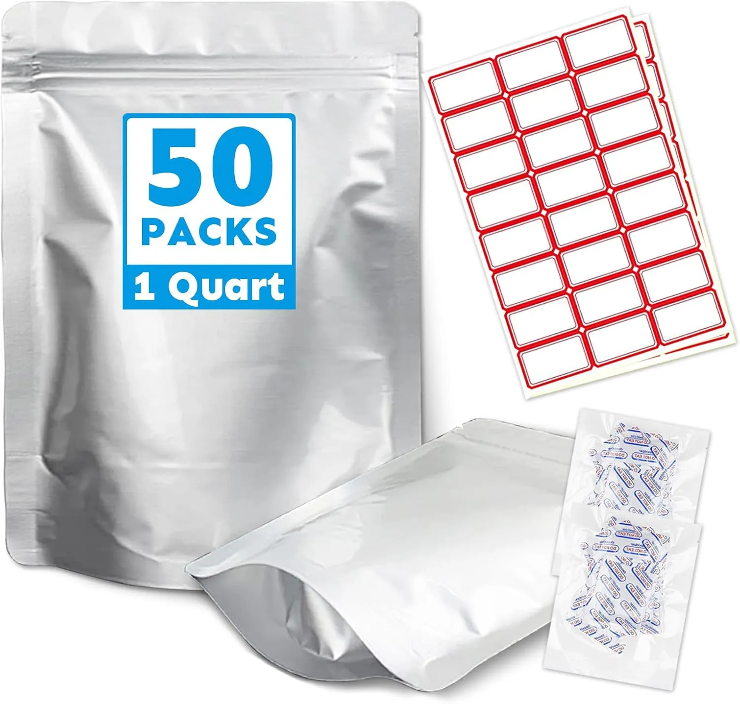 Mylar Bags 1Quart 50PCS 10"X7" for Food Storage with Oxygen Absorbers&Labels,10Mil Thick Resealable Zipper&Heat Seal Stand Up Pouches for Packaging Long Term,Dried Food,BPA Free