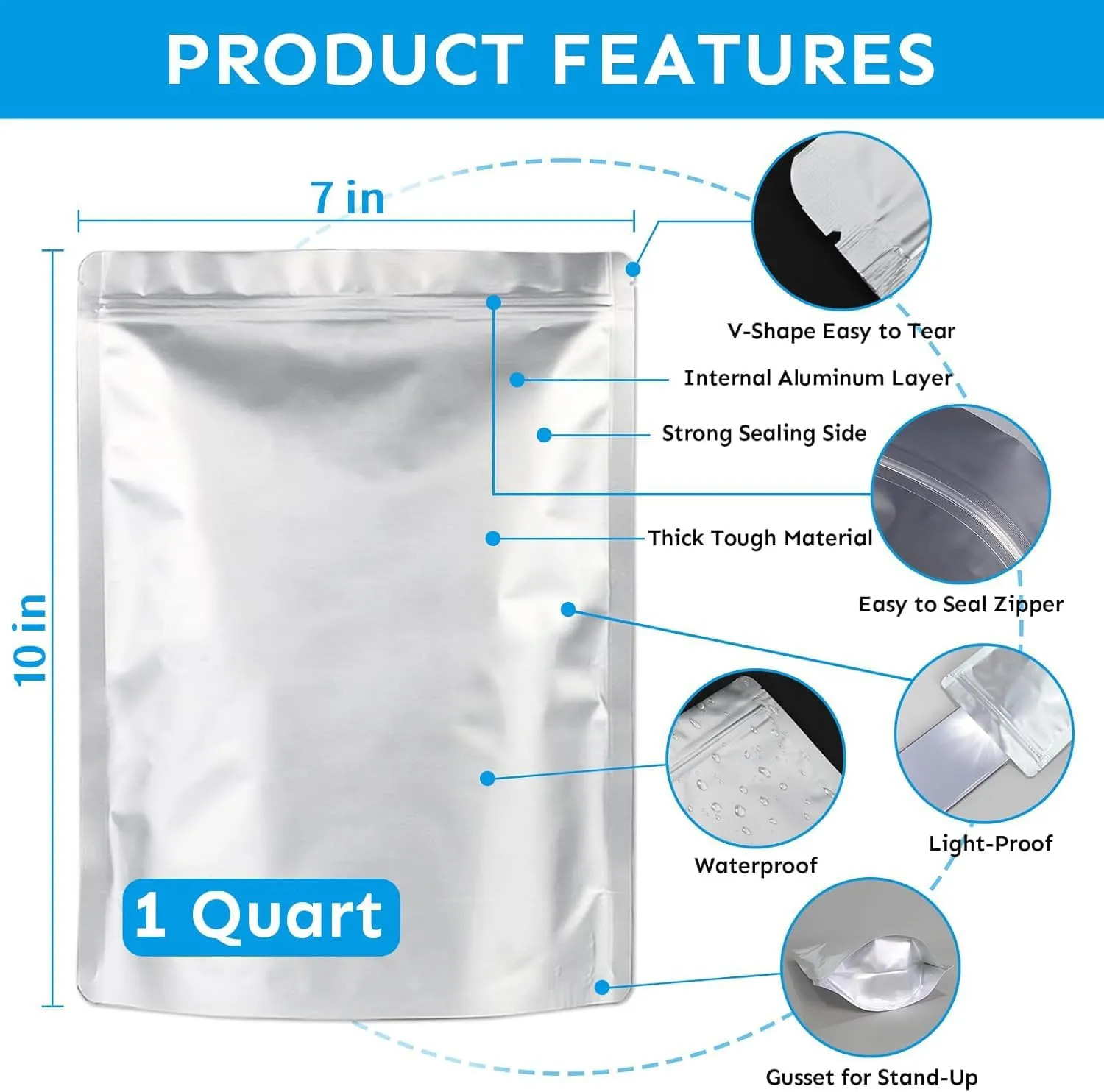 Mylar Bags 1Quart 50PCS 10"X7" for Food Storage with Oxygen Absorbers&Labels,10Mil Thick Resealable Zipper&Heat Seal Stand Up Pouches for Packaging Long Term,Dried Food,BPA Free