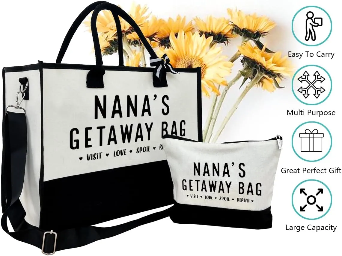 Nana Gift, Nana's Getaway Bag, Canvas Beach Bag, Canvas Tote Bag for Women, Birthday Gifts for Women Her Nana, Visit Love Spoil Bag, Nana Bag for Picnic Shopping Holiday Camping, Design Beach Tote