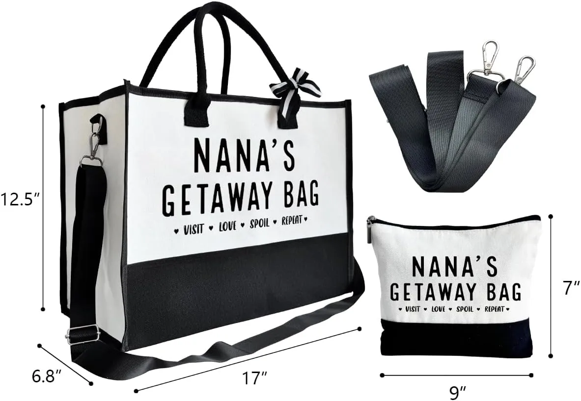 Nana Gift, Nana's Getaway Bag, Canvas Beach Bag, Canvas Tote Bag for Women, Birthday Gifts for Women Her Nana, Visit Love Spoil Bag, Nana Bag for Picnic Shopping Holiday Camping, Design Beach Tote