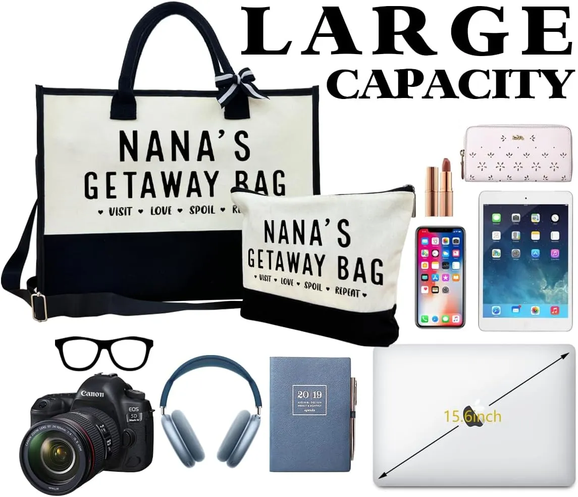 Nana Gift, Nana's Getaway Bag, Canvas Beach Bag, Canvas Tote Bag for Women, Birthday Gifts for Women Her Nana, Visit Love Spoil Bag, Nana Bag for Picnic Shopping Holiday Camping, Design Beach Tote
