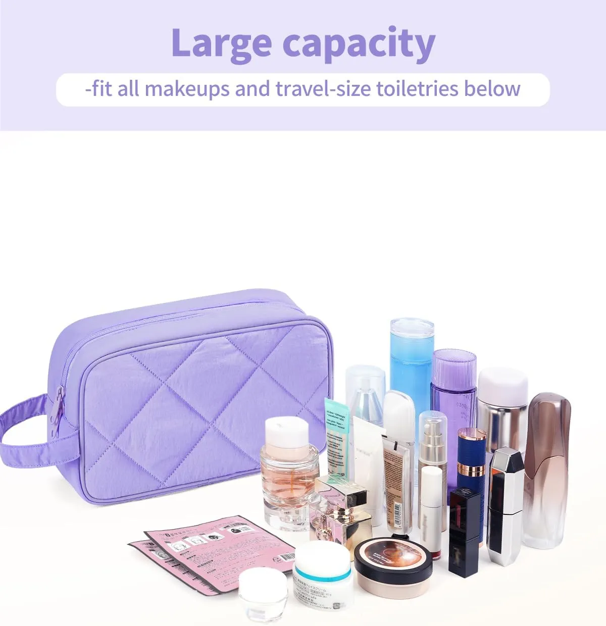 Narwey Toiletry Bag for Traveling Women with Handle, Quilted Makeup Bag for Women, Puffy Make up Bags Organizer Case Cosmetic Bag for Teen Girls (Purple)