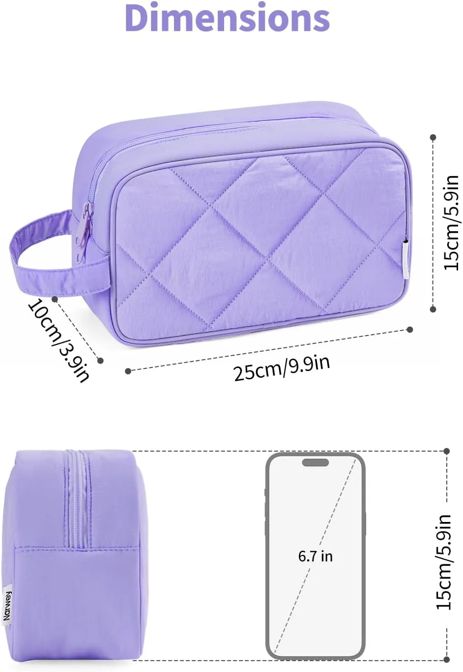 Narwey Toiletry Bag for Traveling Women with Handle, Quilted Makeup Bag for Women, Puffy Make up Bags Organizer Case Cosmetic Bag for Teen Girls (Purple)