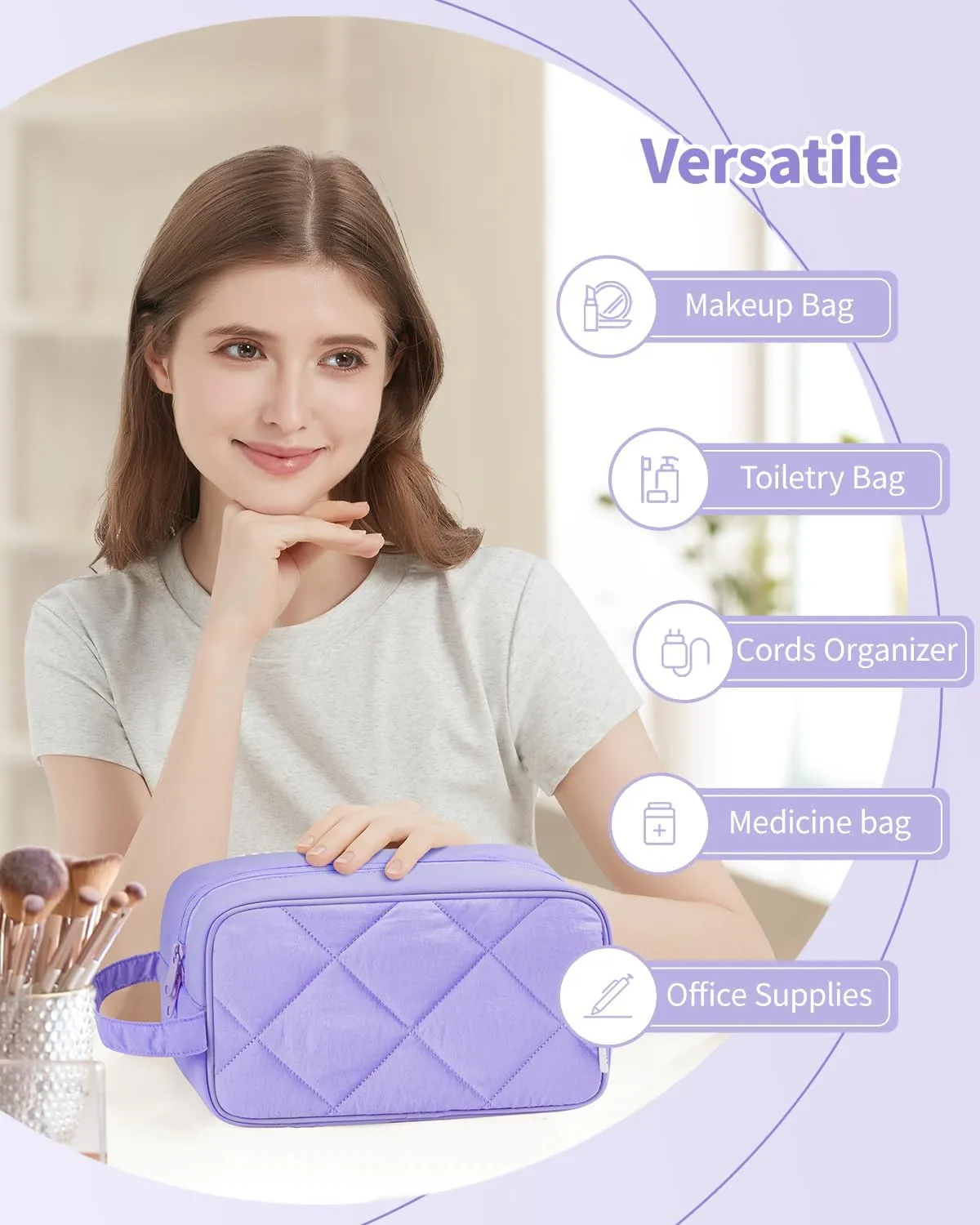 Narwey Toiletry Bag for Traveling Women with Handle, Quilted Makeup Bag for Women, Puffy Make up Bags Organizer Case Cosmetic Bag for Teen Girls (Purple)