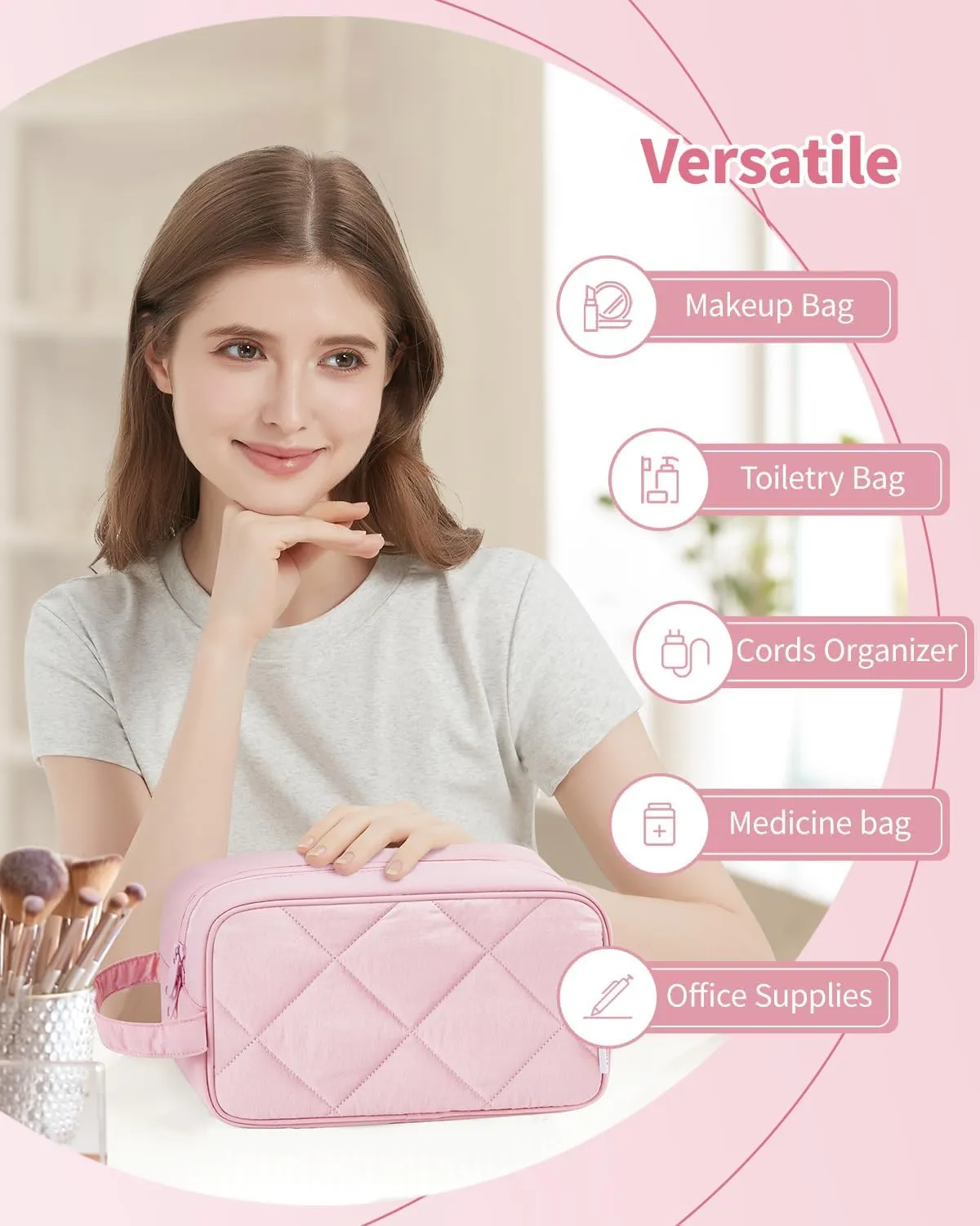 Narwey Travel Toiletry Bag for Traveling Women Travel Bag for Toiletries, Quilted Large Makeup Cosmetic Make up Bags Medicine Bag for Girls (Pink)