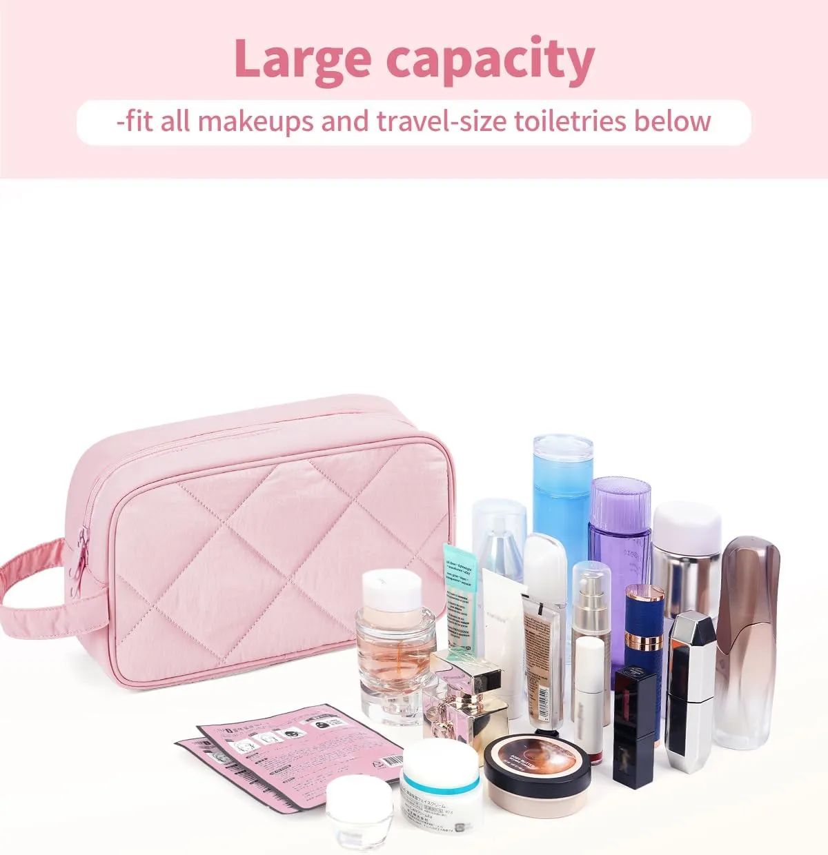 Narwey Travel Toiletry Bag for Traveling Women Travel Bag for Toiletries, Quilted Large Makeup Cosmetic Make up Bags Medicine Bag for Girls (Pink)