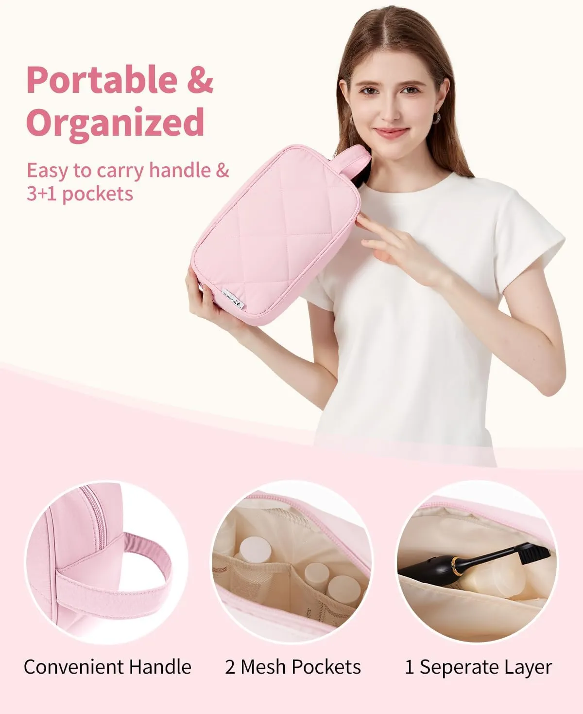 Narwey Travel Toiletry Bag for Traveling Women Travel Bag for Toiletries, Quilted Large Makeup Cosmetic Make up Bags Medicine Bag for Girls (Pink)