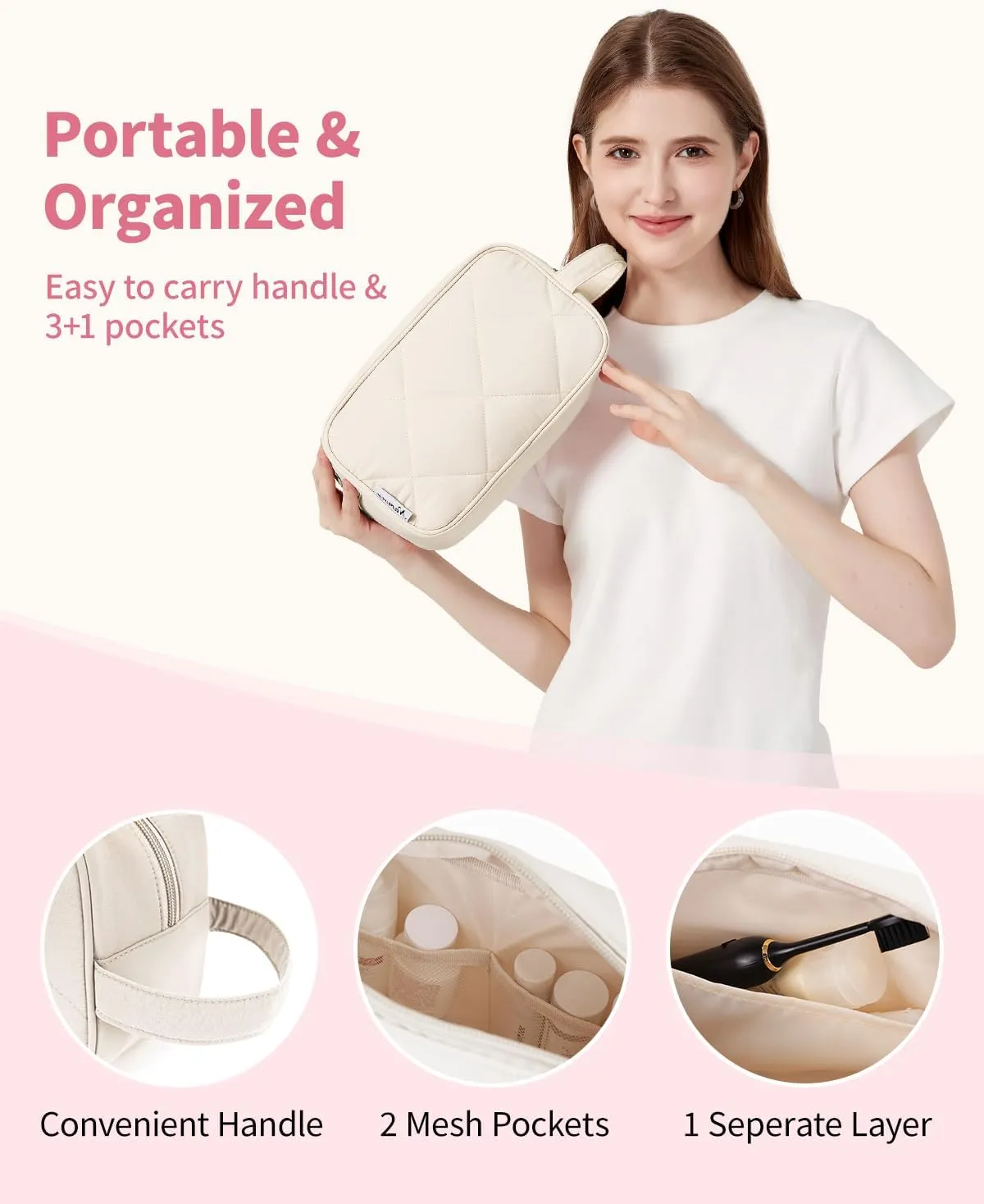 Narwey Travel Toiletry Bag for Traveling Women Travel Bag for Toiletries, Quilted Makeup Cosmetic Make up Bags Medicine Bag for Girls (Beige)