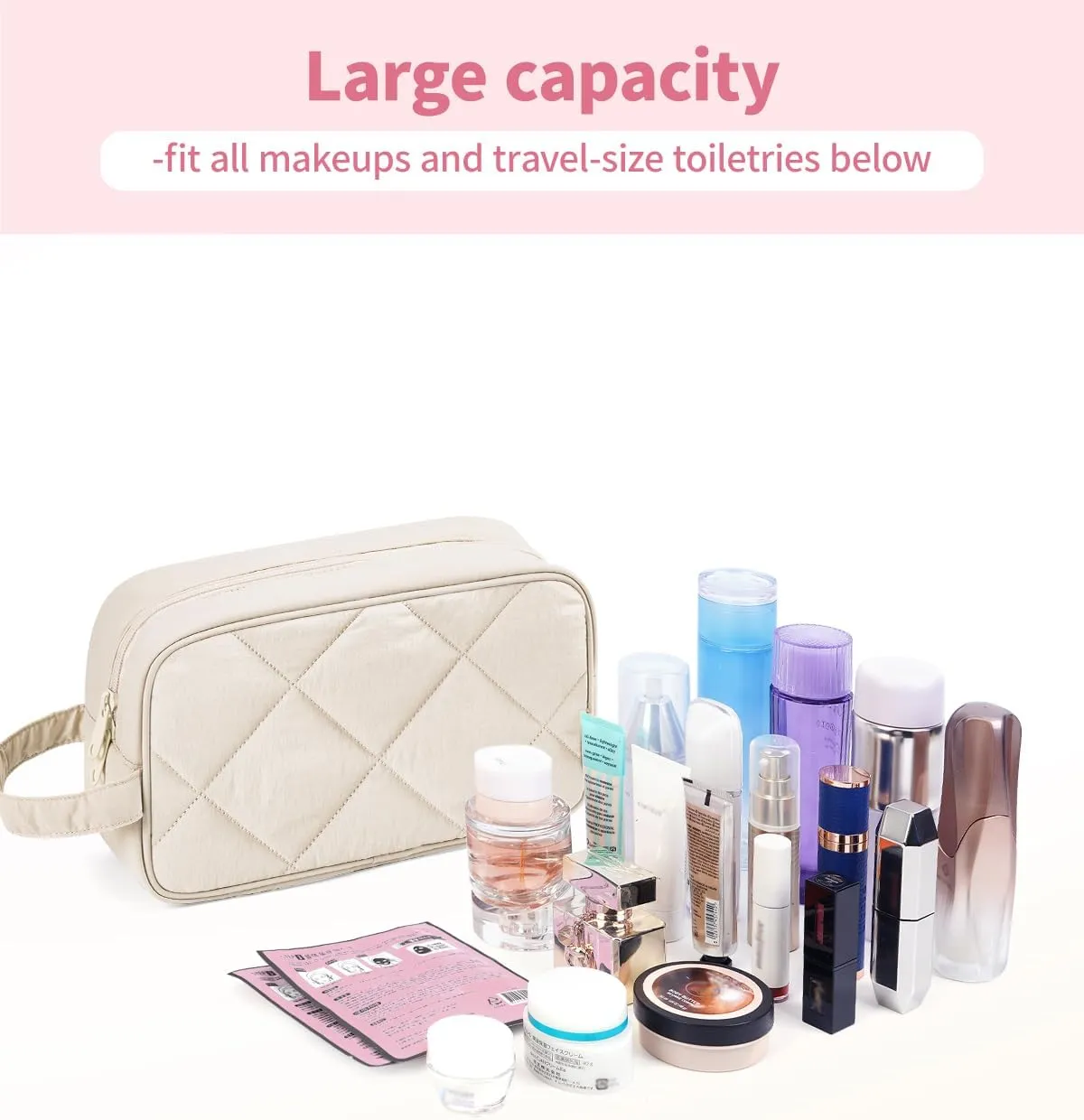 Narwey Travel Toiletry Bag for Traveling Women Travel Bag for Toiletries, Quilted Makeup Cosmetic Make up Bags Medicine Bag for Girls (Beige)