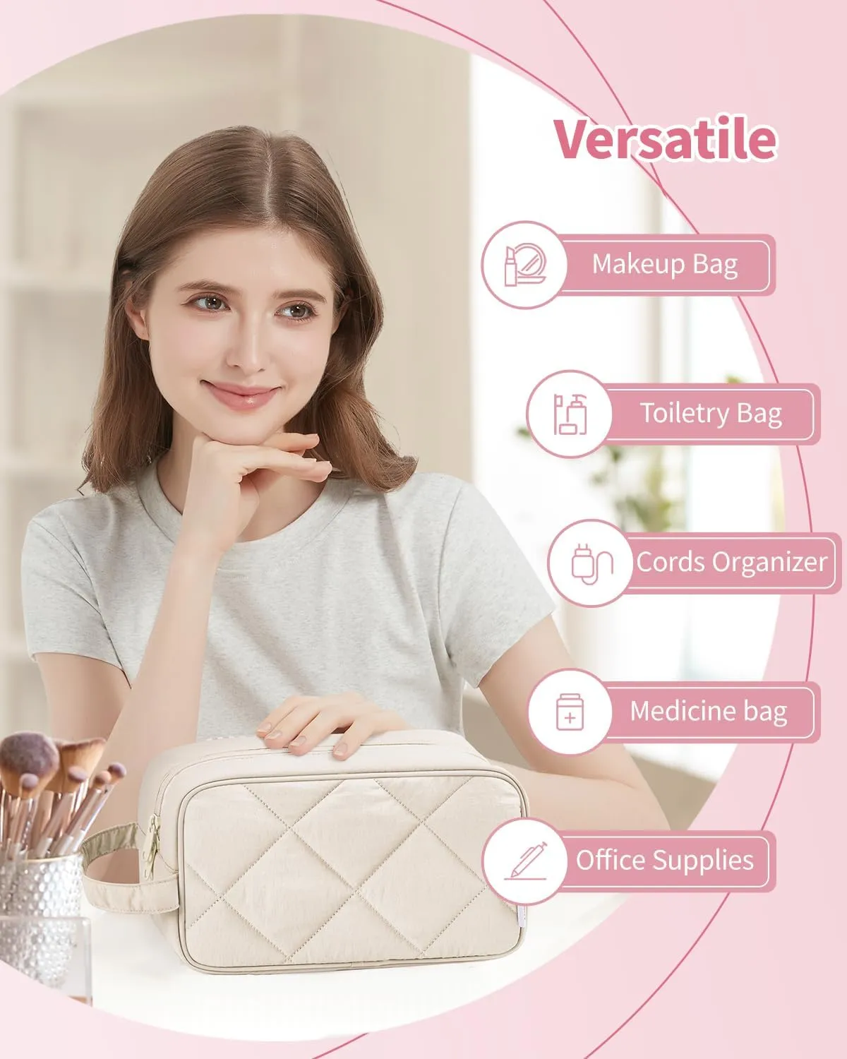 Narwey Travel Toiletry Bag for Traveling Women Travel Bag for Toiletries, Quilted Makeup Cosmetic Make up Bags Medicine Bag for Girls (Beige)