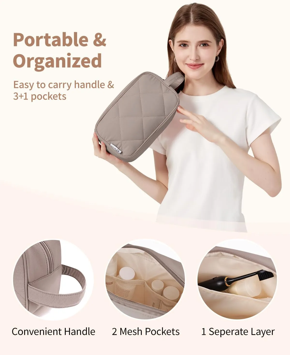 Narwey Travel Toiletry Bag for Traveling Women Travel Bag for Toiletries, Quilted Makeup Cosmetic Make up Bags Medicine Bag for Girls (Dark Brown)
