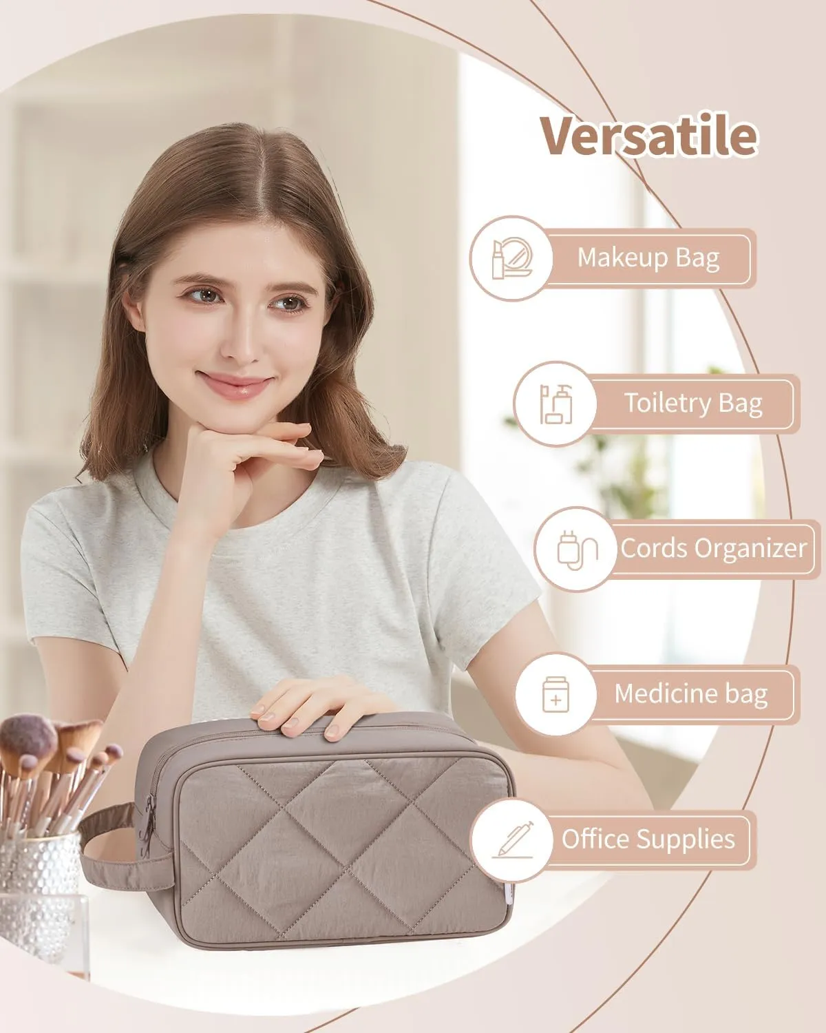 Narwey Travel Toiletry Bag for Traveling Women Travel Bag for Toiletries, Quilted Makeup Cosmetic Make up Bags Medicine Bag for Girls (Dark Brown)