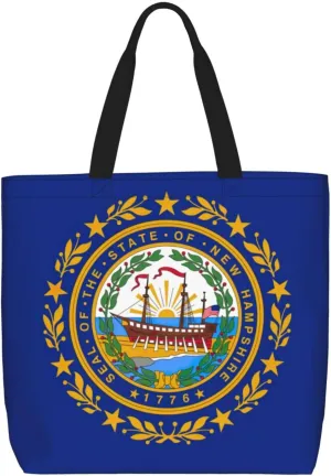 New Hampshire State Flag Print Women Reuseable Handbag, Grocery Bag Foldable For Shopping Travel Activity
