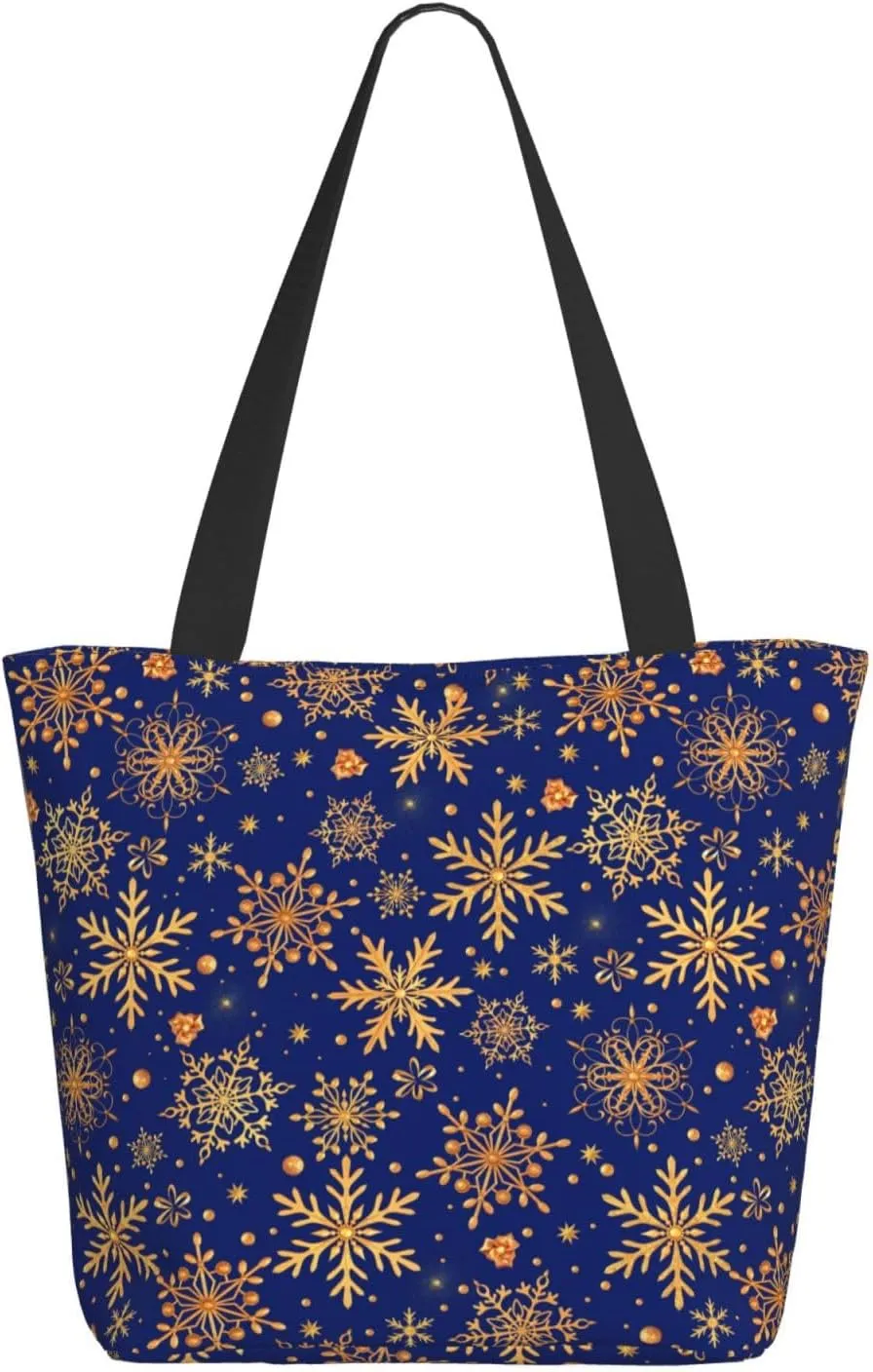 New Year Christmas Golden Openwork Shiny Snowflakes Tote Bag Women Reusable Shopping Bags Shoulder Bag
