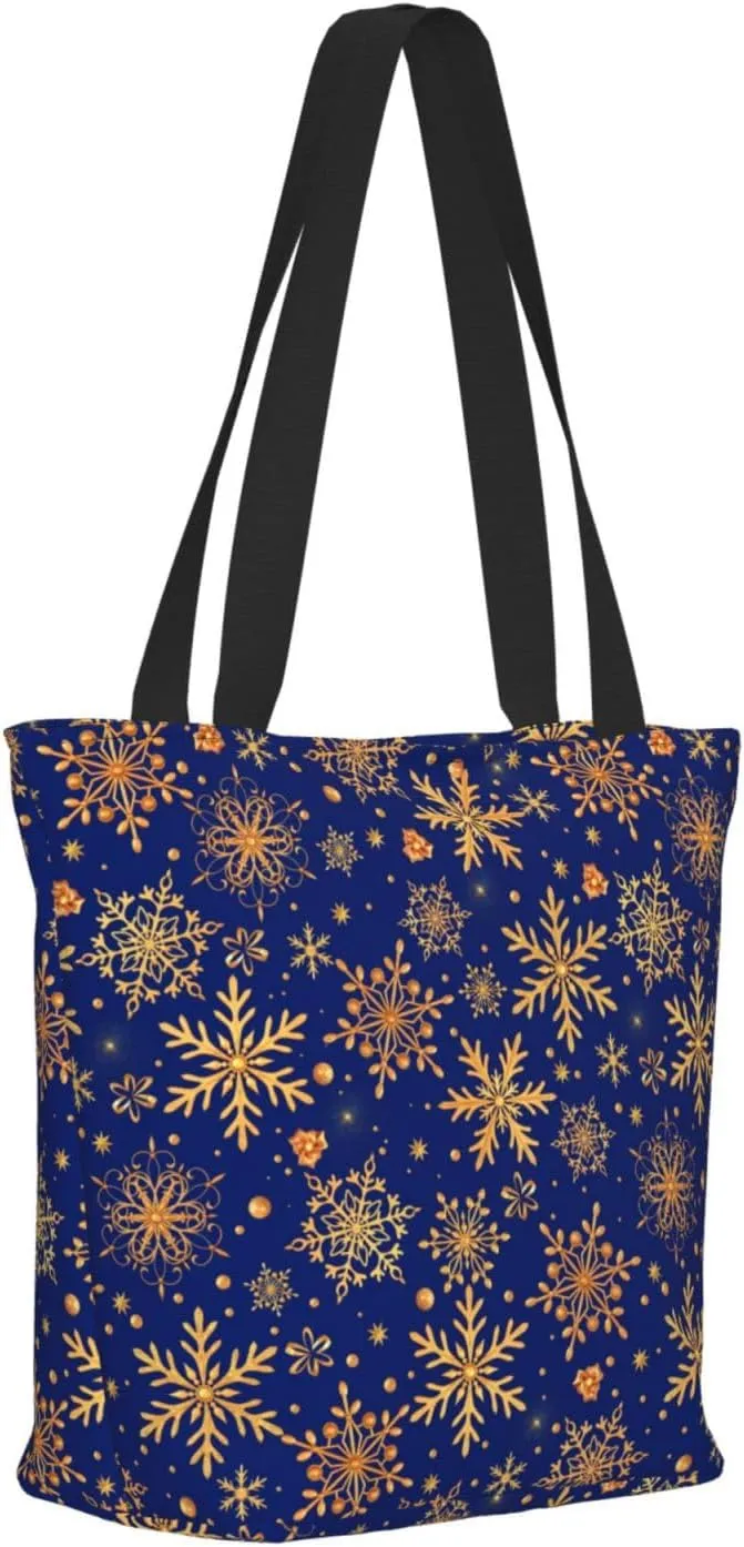 New Year Christmas Golden Openwork Shiny Snowflakes Tote Bag Women Reusable Shopping Bags Shoulder Bag