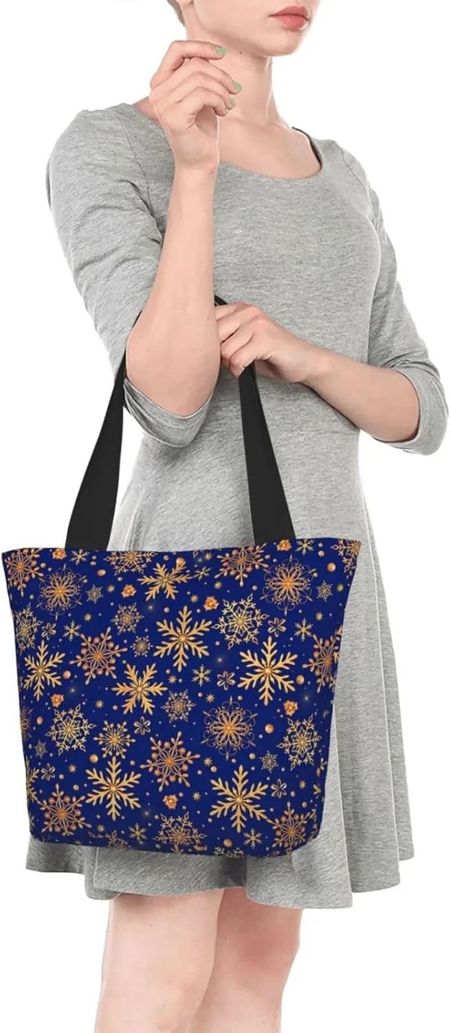 New Year Christmas Golden Openwork Shiny Snowflakes Tote Bag Women Reusable Shopping Bags Shoulder Bag