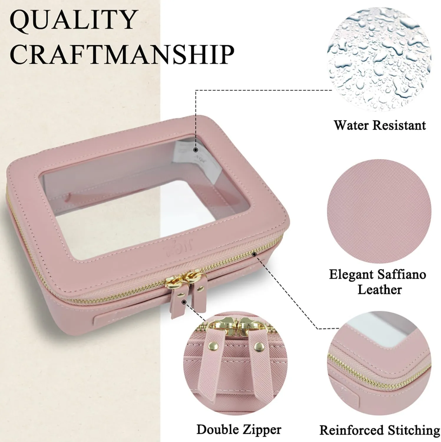 NGIL Clear Faux Leather Travel Toiletry Bag, Makeup Bag Organizer for Women, Clear Window & Gold Zipper Makeup Bag, Road Trip Essential, Skincare, Cruise Ship Essentials (Pink)