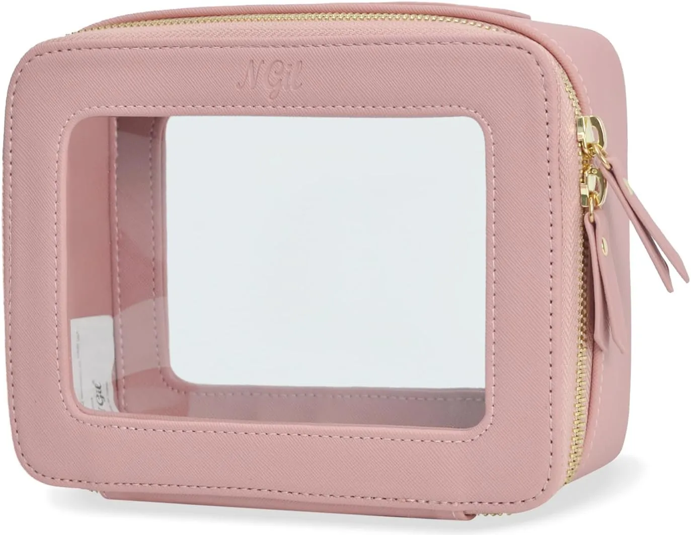 NGIL Clear Faux Leather Travel Toiletry Bag, Makeup Bag Organizer for Women, Clear Window & Gold Zipper Makeup Bag, Road Trip Essential, Skincare, Cruise Ship Essentials (Pink)