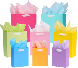 Nihuecne 8 Pack Colorful Gift Bags Assorted Sizes with Tissue Paper for Birthdays, Baby Showers,Easter and More (3 Small 6", 3 Medium 9", 2 Large 13")