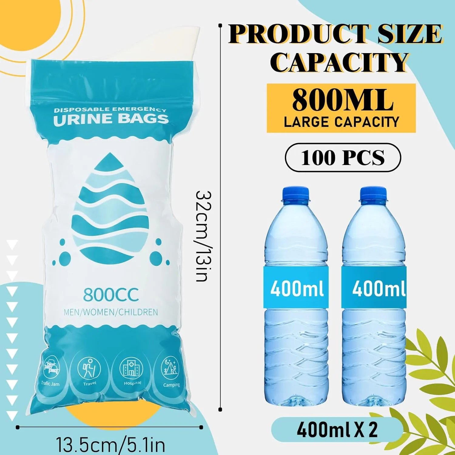 Nuogo 100 Pcs 800 CC Disposable Urine Bags Portable Pee Bag Urine Bags for Women Travel Emergency Urinal Bags for Men Women Traffic Jams Camping Hiking
