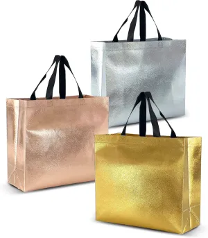 Nush Nush Luxury Mix Color Gift Bags - 12 Reusable, Large 13Wx5Dx11H - Rose Gold, Silver, Gold With Black Handles