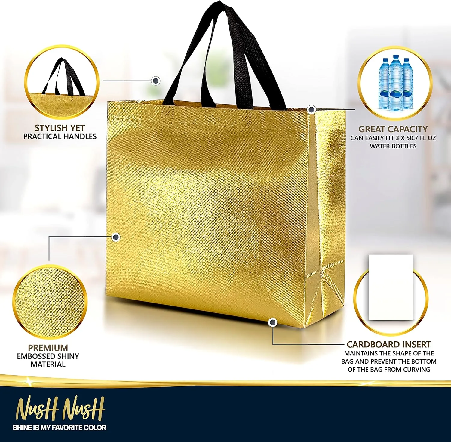 Nush Nush Luxury Mix Color Gift Bags - 12 Reusable, Large 13Wx5Dx11H - Rose Gold, Silver, Gold With Black Handles