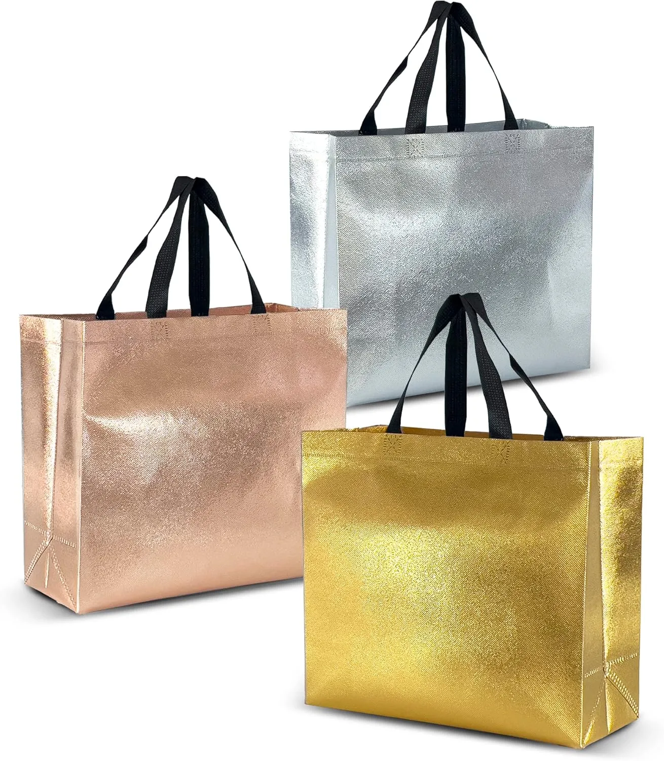 Nush Nush Luxury Mix Color Gift Bags - 12 Reusable, Large 13Wx5Dx11H - Rose Gold, Silver, Gold With Black Handles