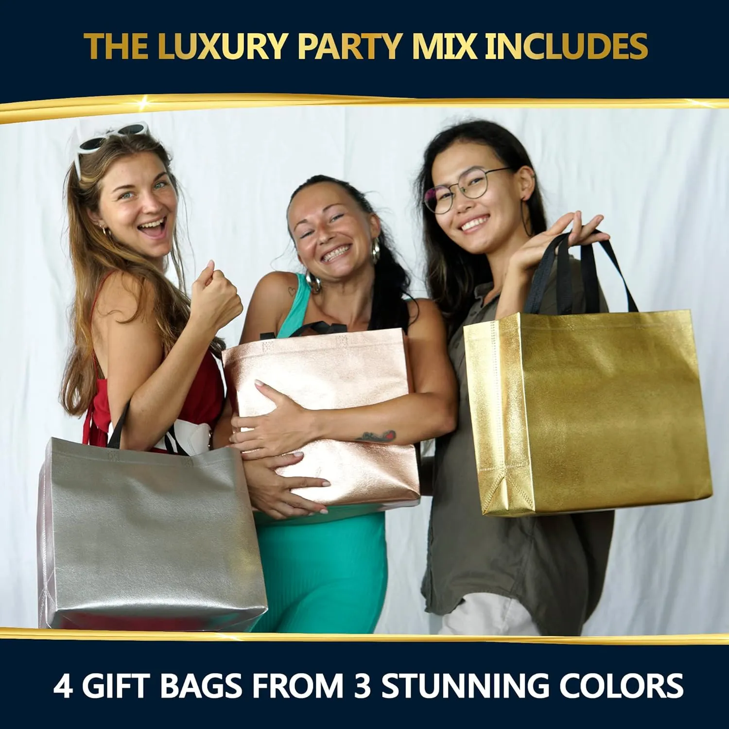 Nush Nush Luxury Mix Color Gift Bags - 12 Reusable, Large 13Wx5Dx11H - Rose Gold, Silver, Gold With Black Handles