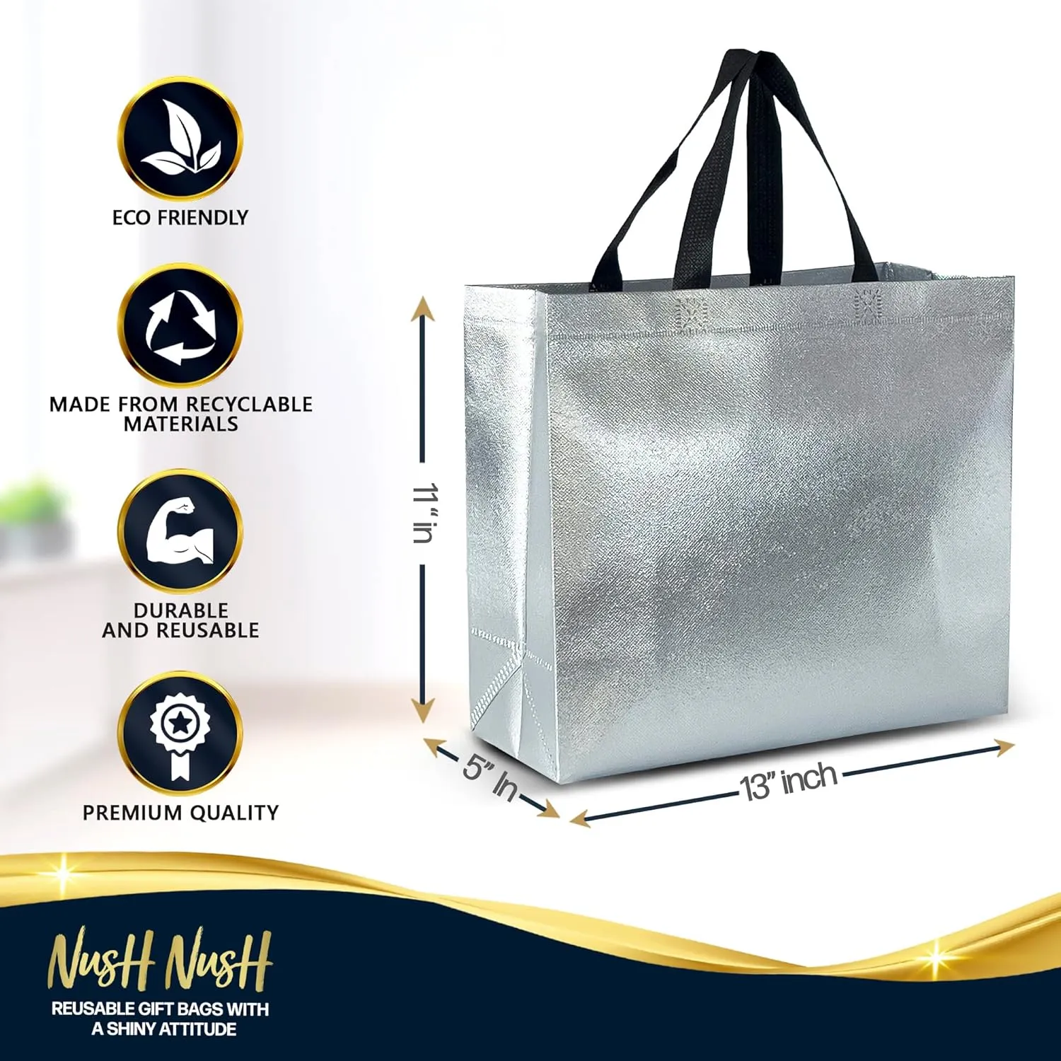 Nush Nush Silver Gift Bags Large Size – Set of 60 Silver Reusable Gift Bags in Bulk - Goodie Bags, Christmas Gift Bags With Handles, Party Favor Bags, Gift Bags For Small Business – 13Wx5Dx11H Size