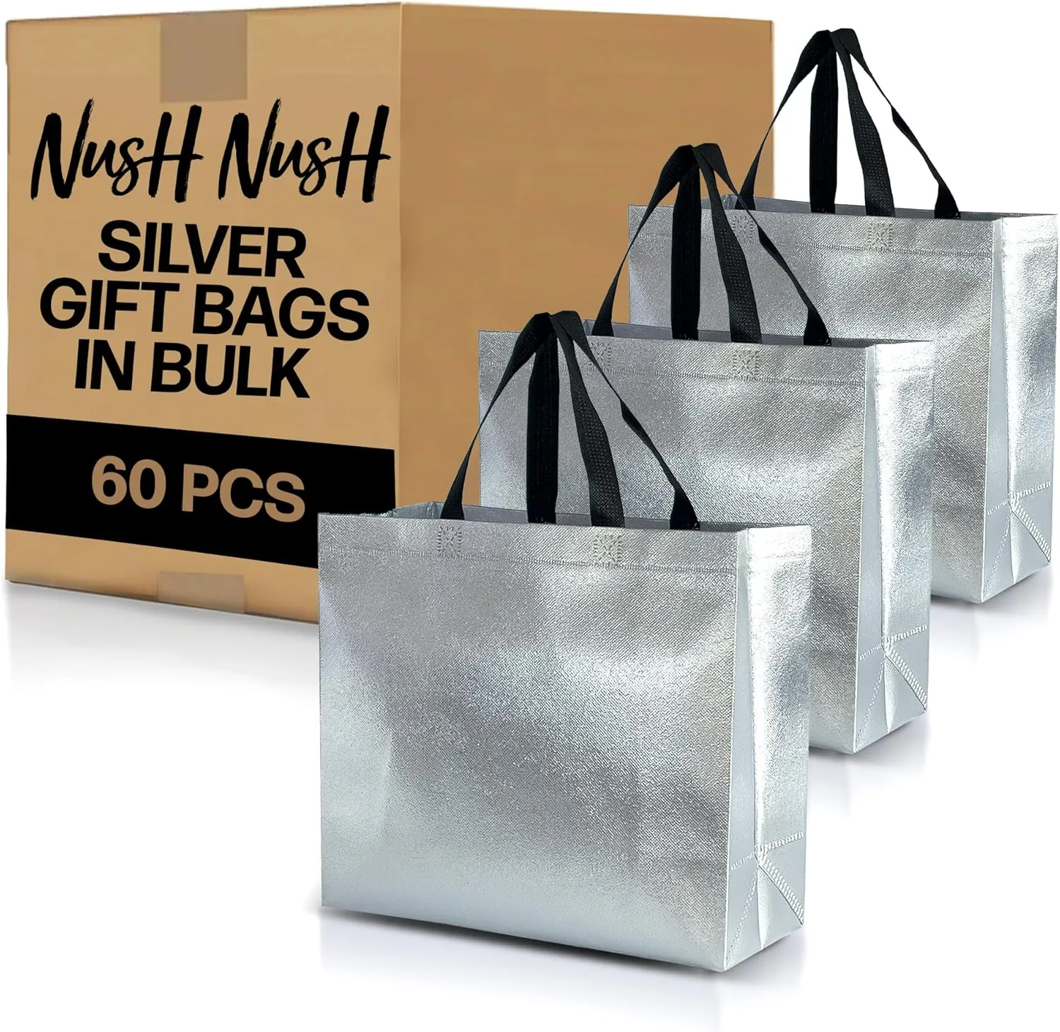 Nush Nush Silver Gift Bags Large Size – Set of 60 Silver Reusable Gift Bags in Bulk - Goodie Bags, Christmas Gift Bags With Handles, Party Favor Bags, Gift Bags For Small Business – 13Wx5Dx11H Size