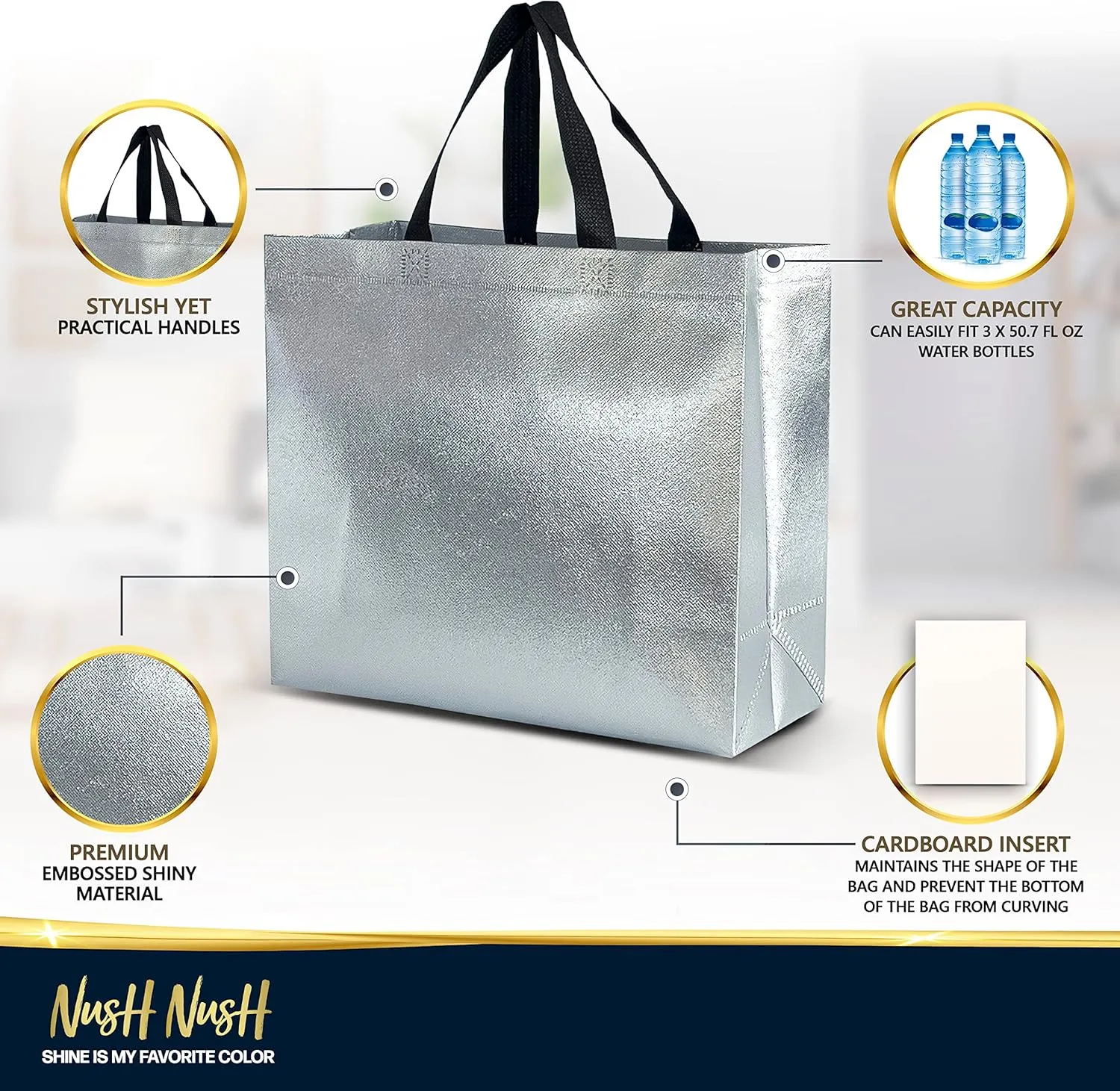 Nush Nush Silver Gift Bags Large Size – Set of 60 Silver Reusable Gift Bags in Bulk - Goodie Bags, Christmas Gift Bags With Handles, Party Favor Bags, Gift Bags For Small Business – 13Wx5Dx11H Size