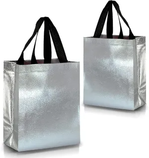 Nush Nush Silver Gift Bags Medium Size - Set of 12 Silver Reusable Gift Bags Bulk - Bachelorette, Bridesmaids, Christmas, Birthday Gift Bags With Handles, Goodie Bags, Party Favor Bags, 8X4X10