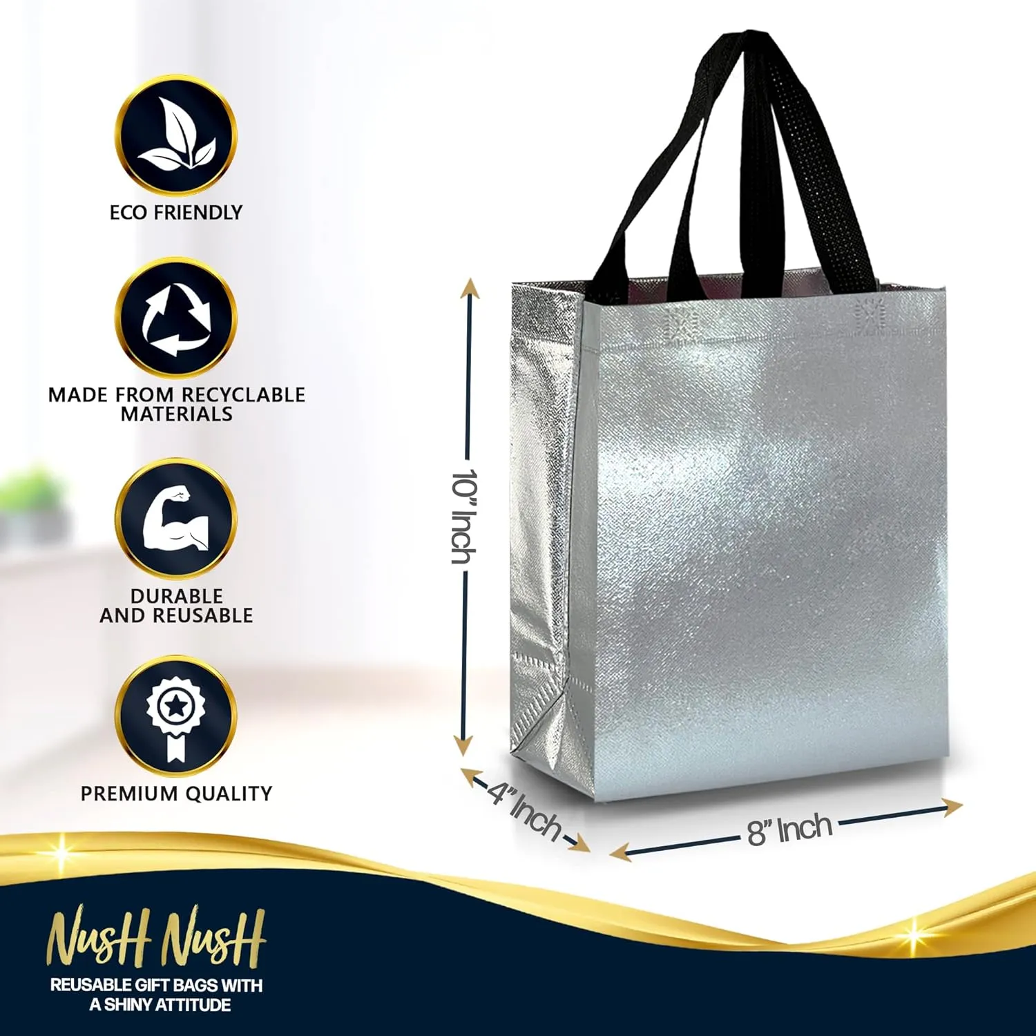 Nush Nush Silver Gift Bags Medium Size - Set of 12 Silver Reusable Gift Bags Bulk - Bachelorette, Bridesmaids, Christmas, Birthday Gift Bags With Handles, Goodie Bags, Party Favor Bags, 8X4X10