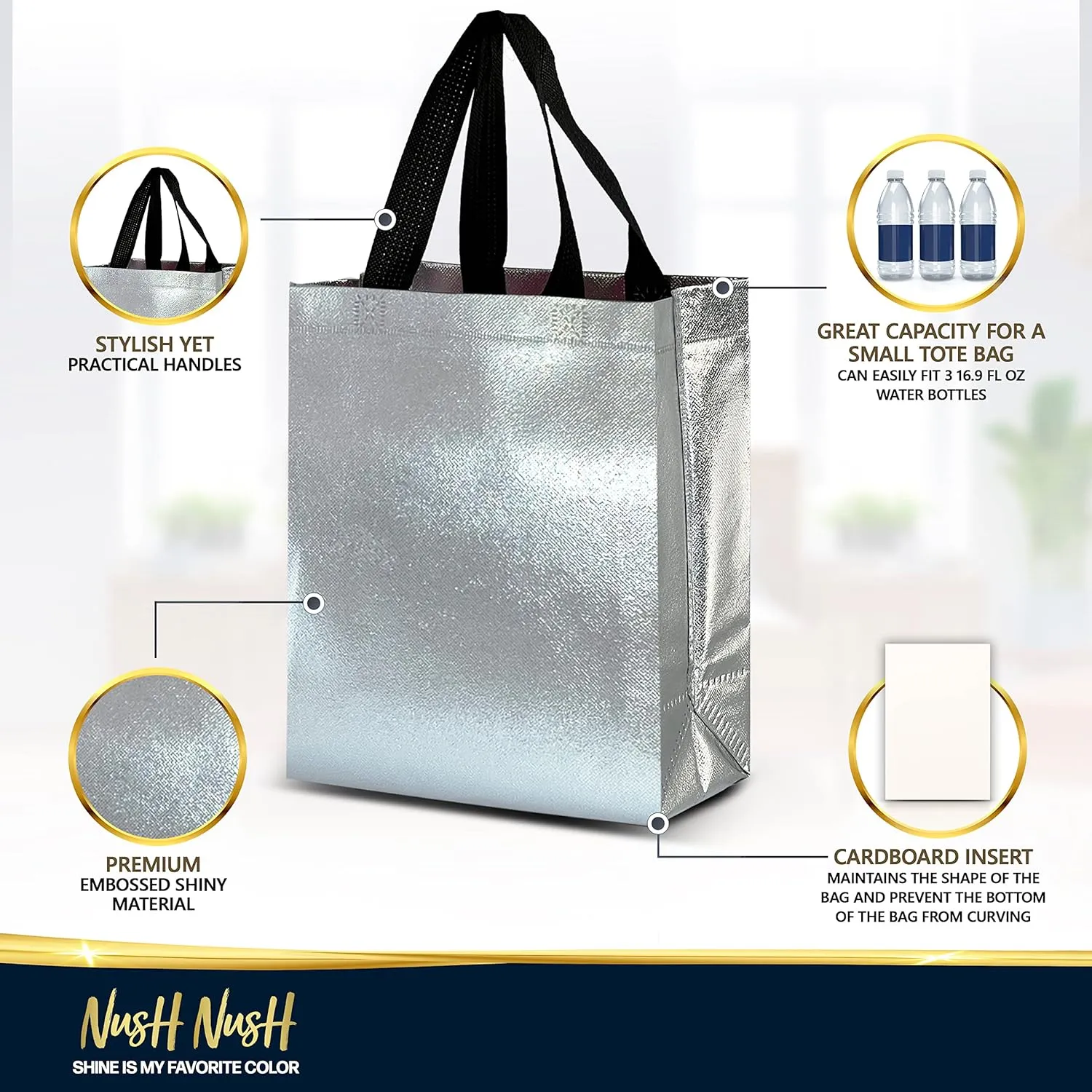 Nush Nush Silver Gift Bags Medium Size - Set of 12 Silver Reusable Gift Bags Bulk - Bachelorette, Bridesmaids, Christmas, Birthday Gift Bags With Handles, Goodie Bags, Party Favor Bags, 8X4X10