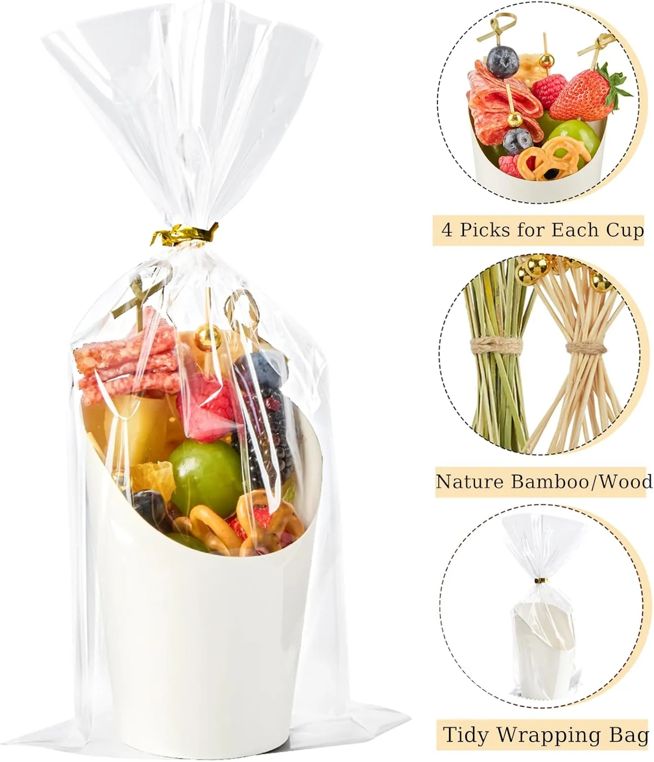 Ocmoiy Disposable Charcuterie APPETIZER CUPS with Sticks and Bags - Kraft Paper, 14 oz, White - 50 Cups, 200 Picks, 50 Bags