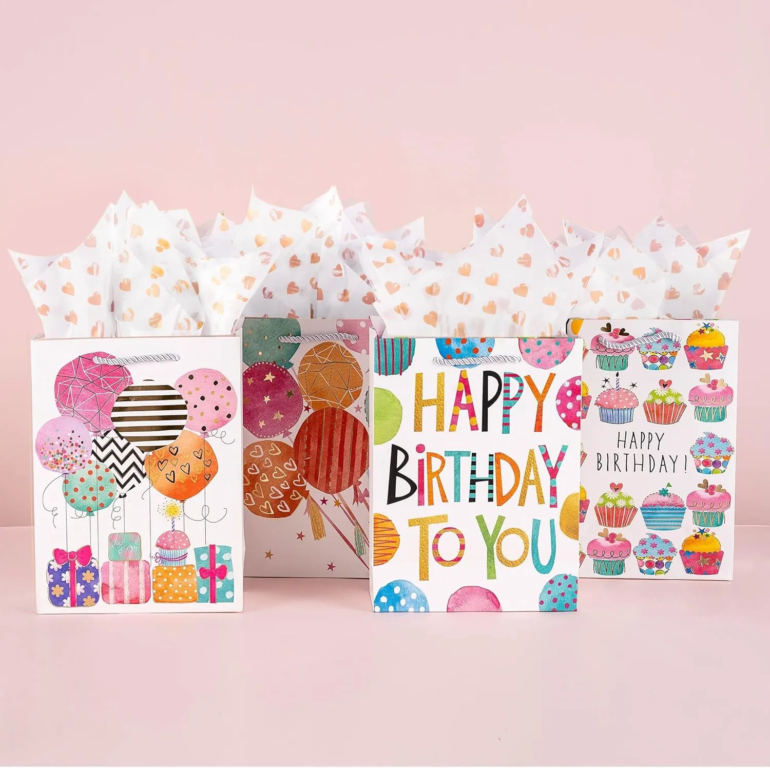 OfficeCastle Small Birthday Gift Bags with Colorful Tissue Paper (Gold Hearts) | 7x3x9 Inch, 12 Pack Birthday Bags for Newborns/Kids/Men/Women