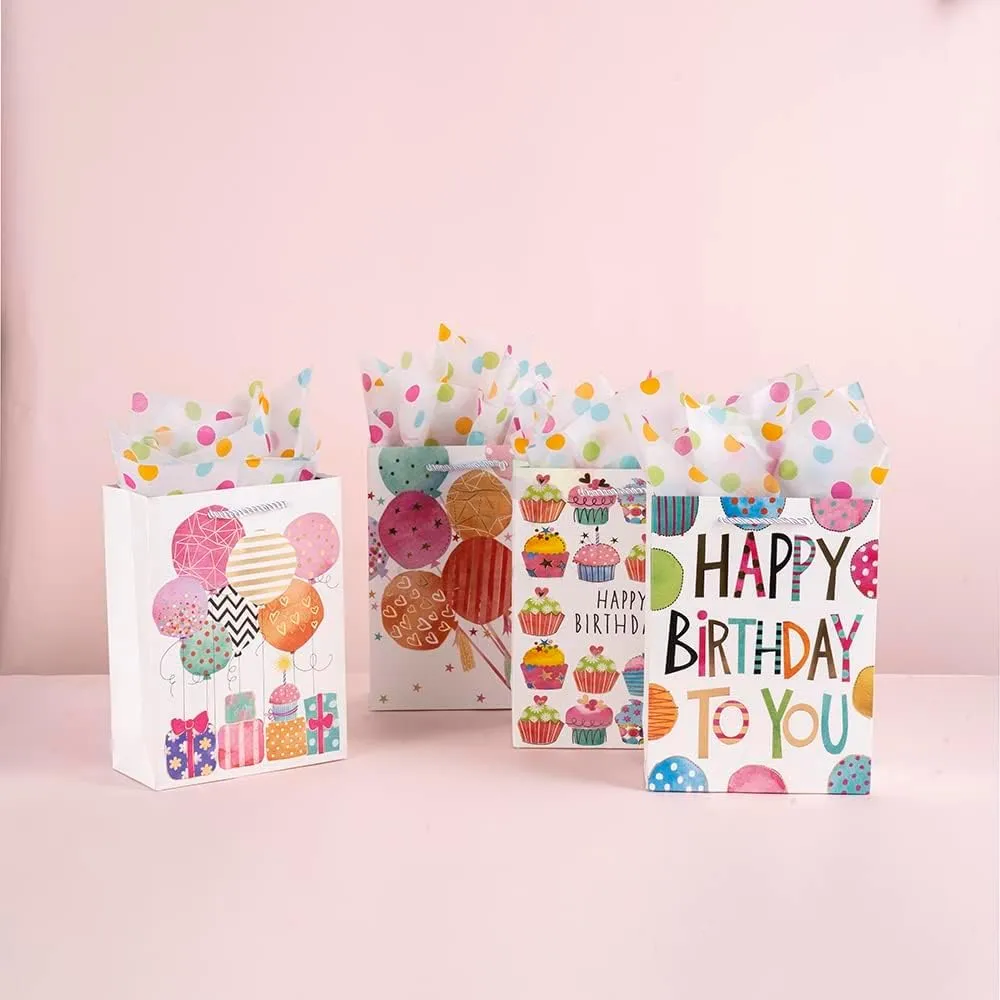 OfficeCastle Small Birthday Gift Bags with Colorful Tissue Paper (Gold Hearts) | 7x3x9 Inch, 12 Pack Birthday Bags for Newborns/Kids/Men/Women