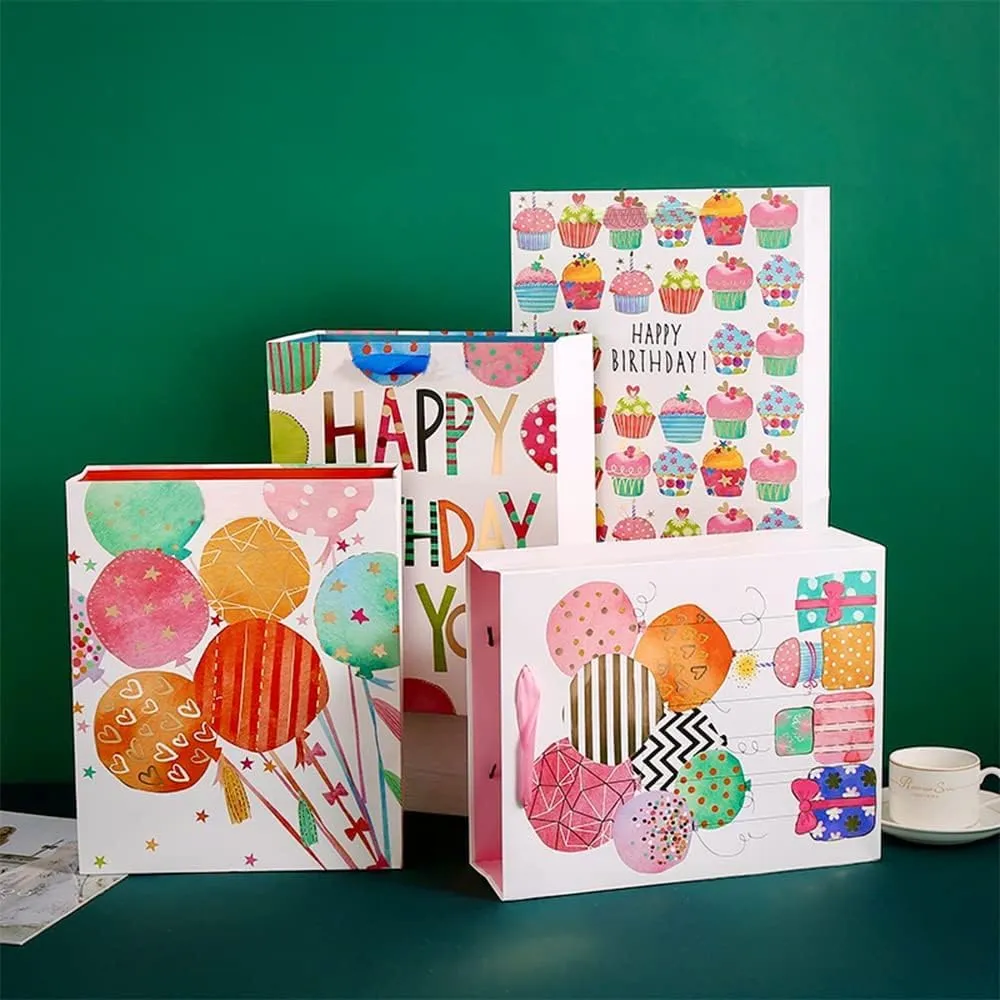 OfficeCastle Small Birthday Gift Bags with Colorful Tissue Paper (Gold Hearts) | 7x3x9 Inch, 12 Pack Birthday Bags for Newborns/Kids/Men/Women