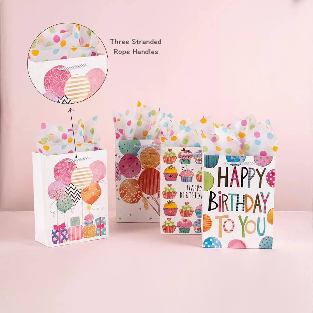 OfficeCastle Small Birthday Gift Bags with Colorful Tissue Paper (Gold Hearts) | 7x3x9 Inch, 12 Pack Birthday Bags for Newborns/Kids/Men/Women
