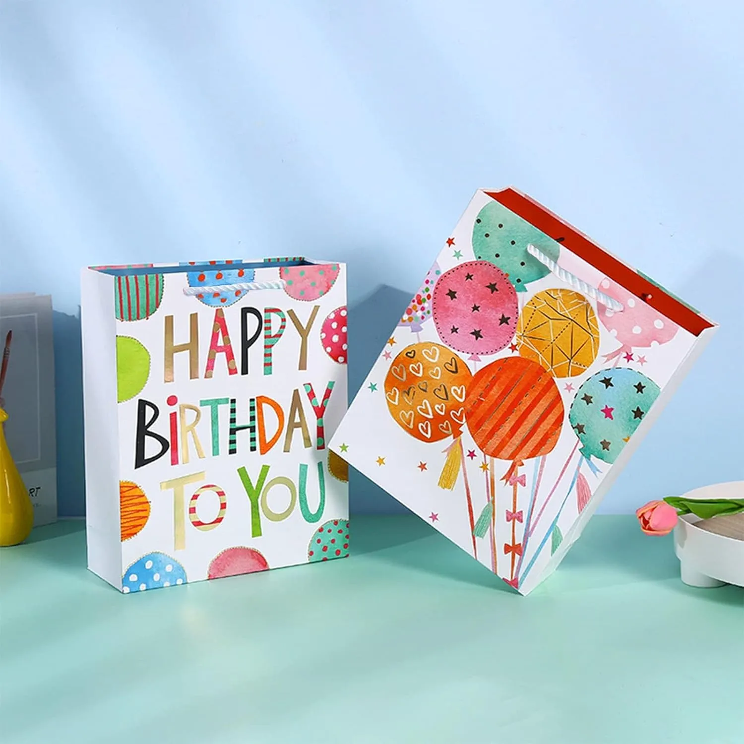 OfficeCastle Small Birthday Gift Bags with Colorful Tissue Paper (Gold Hearts) | 7x3x9 Inch, 12 Pack Birthday Bags for Newborns/Kids/Men/Women