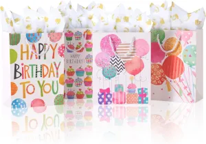 OfficeCastle Small Birthday Gift Bags with Colorful Tissue Paper (Gold Hearts) | 7x3x9 Inch, 12 Pack Birthday Bags for Newborns/Kids/Men/Women
