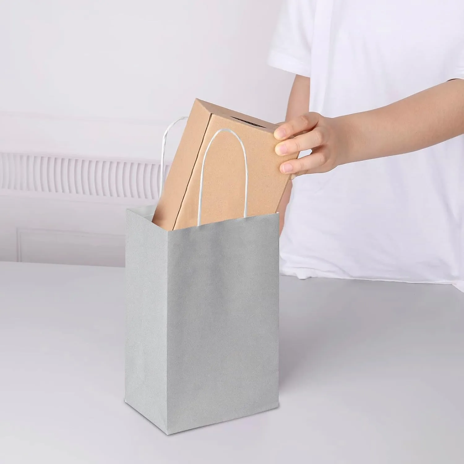 Oikss 50 Pack 5.25x3.25x8.25 Inch Small Gray Kraft Paper Bags with Handles Bulk for Birthday Wedding Party Favors Grocery Retail Shopping Business Goody Craft Gift Bags Sacks (Silver Grey 50 Count)
